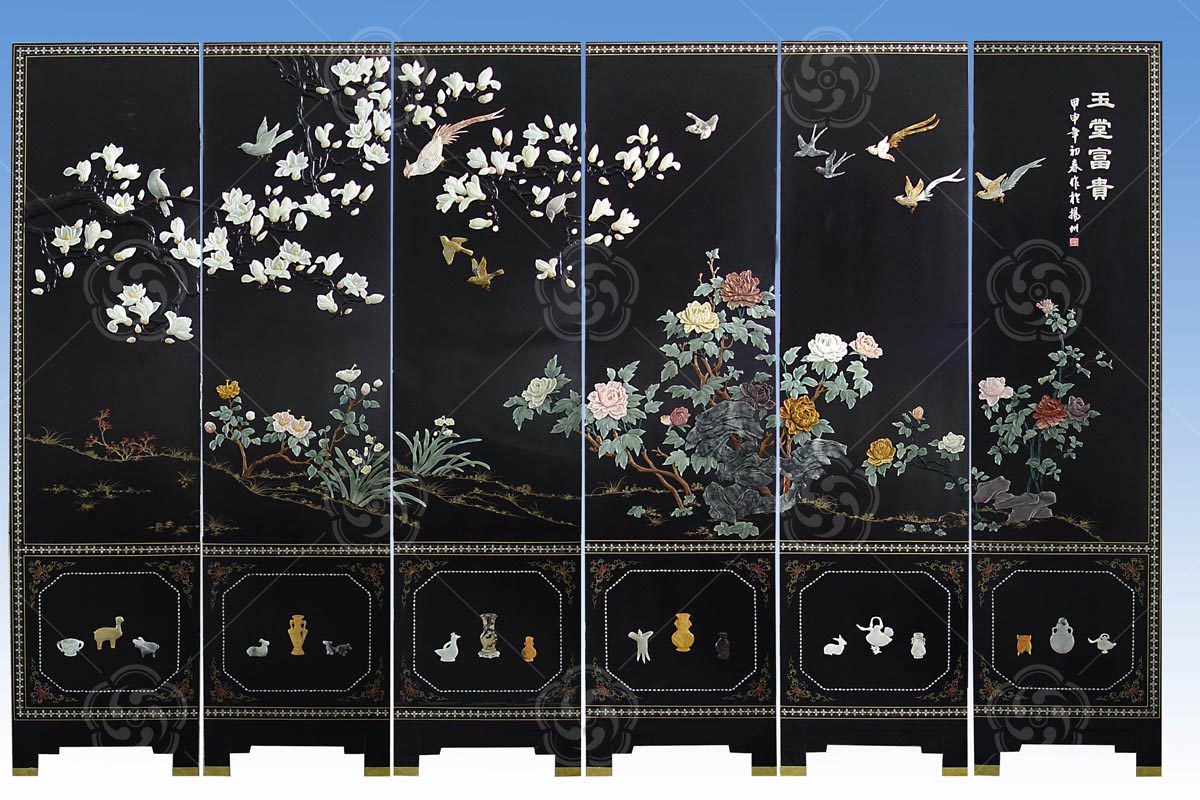 骨石鑲嵌《玉堂富貴》屏風